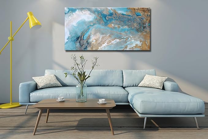 Blue Abstract Canvas Wall Art for Living Room, Navy and Gold Fluid Marble Picture Prints, Modern Painting Artwork for Bedroom, Bathroom, Office, Home Decor 20x40 Inch