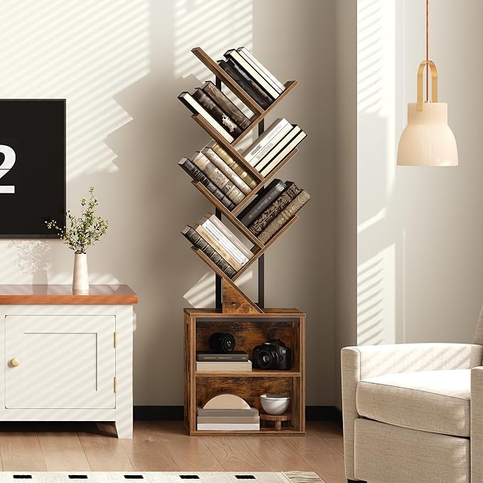 Tree Bookshelf, 6 Tier Bookcase with 2 Storage Racks, Free Standing Tall Wooden Bookcase, Floor Standing Book Shelf Organizer for Living Room, Bedroom, Study, Home Office, Rustic Brown