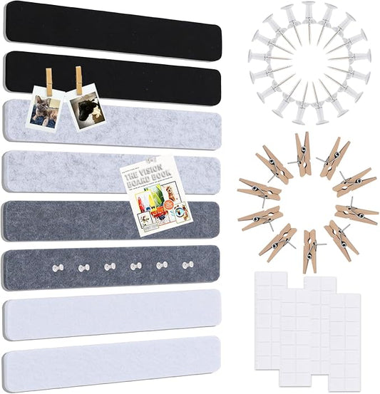 Vuzvuv 8 pcs Bulletin Board Bar Strips No Adhesive Backing with Glue Points ，Self Adhesive Cork Board for Wall，Felt Pin Board for School，Office Decor(Black White Grey)