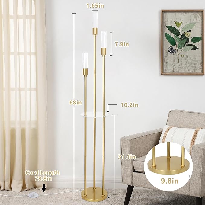 Modern Gold Floor Lamps for Living Room, Bubble Crystal Floor Lamp with Shelves, Built-in LED Lights, Brass Standing Lamps with Foot Switch, Corner Tall Floor Lamp for Bedroom, House Decor