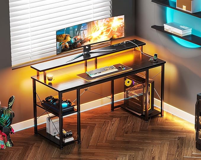 ODK 55 inch Gaming Desk with LED Lights & Power Outlets, Computer Desk with Monitor Stand & Storage Shelves, CPU Stand, Home Office Desk, Black
