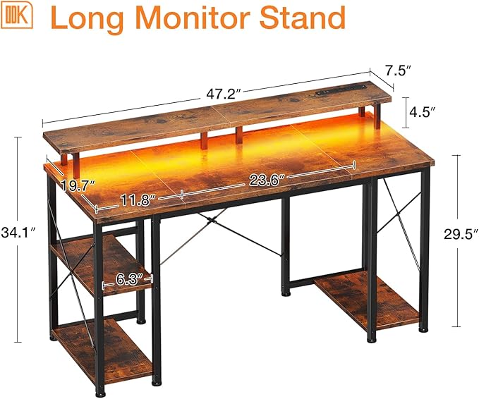 ODK 48 inch Gaming Desk with LED Lights & Power Outlets, Computer Desk with Monitor Stand & Storage Sheves, CPU Stand, Home Office Desk, Vintage