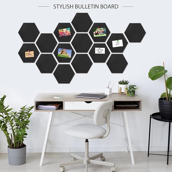 BXI Hexagon Felt Bulletin Board - 14.2 X 12.3 X 3/8 Inches 6 Pcs Self-Adhesive Poster Cork Board 30 Push Pins, Thick Pin Tiles Display Vision Board, Photo Picture Panels for Home Office Classroom