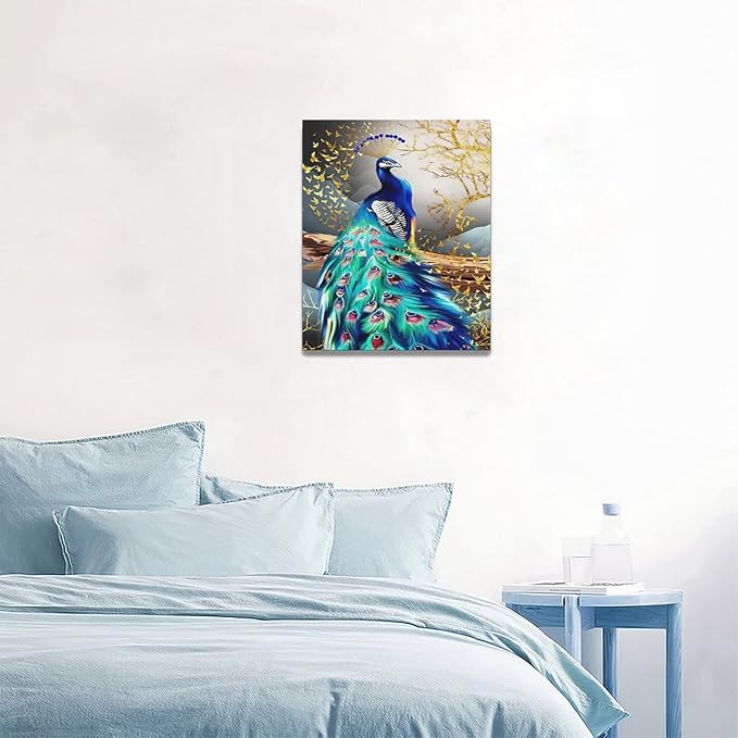 yerretin Peacock Wall Art Peacock Golden Tree Pictures Wall Decor Bird Canvas Painting Modern Decoration Artwork for Bathroom Living Room Bedroom Office Framed 16"x20"