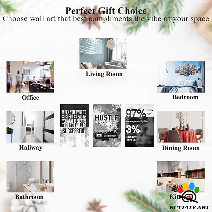 Office Wall Art - 3 Panel Motivational Canvas With Inspirational Quotes for Home and Company Decor, Positive Entrepreneur Words Poster Frame 16"x24"x3Pcs