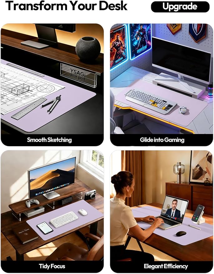 YSAGi Leather Desk Protector, Office Mat, Large Mouse Mat, Non-Slip PU Leather Blotter, Laptop Pad, Waterproof Writing Pad for Office and Home (Light Purple, 23.6" x 13.8")