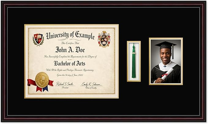 CountryArtHouse Diploma Tassel and Photo Shadowbox Fits 14 x 11 College Diploma (Modern) with Tassel Ho Executive Brown Genuine Hardwood with Black Over Metallic Gold Double mat