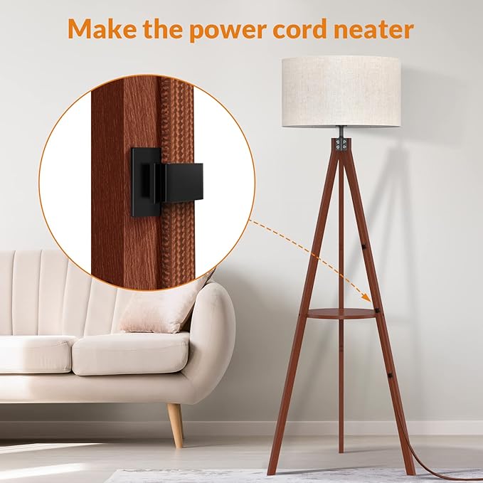 LEPOWER Tripod Floor Lamp, Mid Century Wood Standing Lamp, Modern Design Shelf Floor Lamp for Living Room, Bedroom, Office, Flaxen Linen Shade with E26 Base Brown