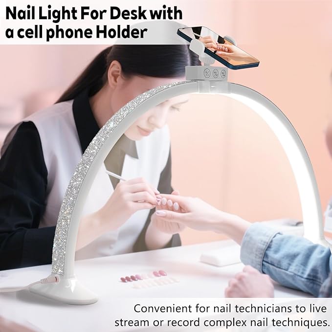 KEDAO Nail Light for Desk,Half Moon Light LED for Tech Nail Desk Lamp with Phone Stand Foldable Adjustable Dimmable Half Moon Lamp for Lash Beauty Tattoos Crafts