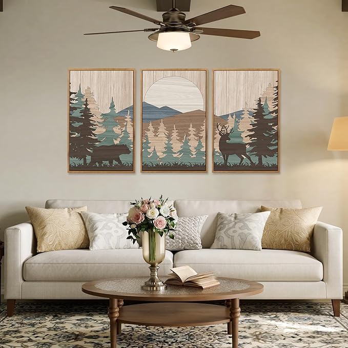 CHDITB Woodland Bear Moose Framed Wall Art(Set of 3, 24"x36"), Retro Wildlife Wild Animals Nature Forest Artwork Painting, Large Cabin Hunting Adventure Mountain Sun Posters Print for Nursery Boy Room
