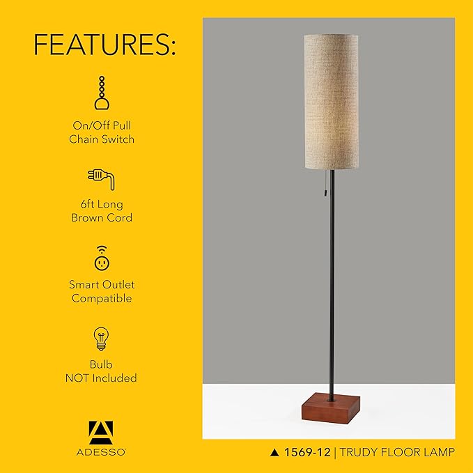 Adesso Floor Lamp with Walnut Base, Black Body and Beige Fabric Lampshade – Lamp for Bedroom, Living Room, and House Décor, 62” x 8.5”