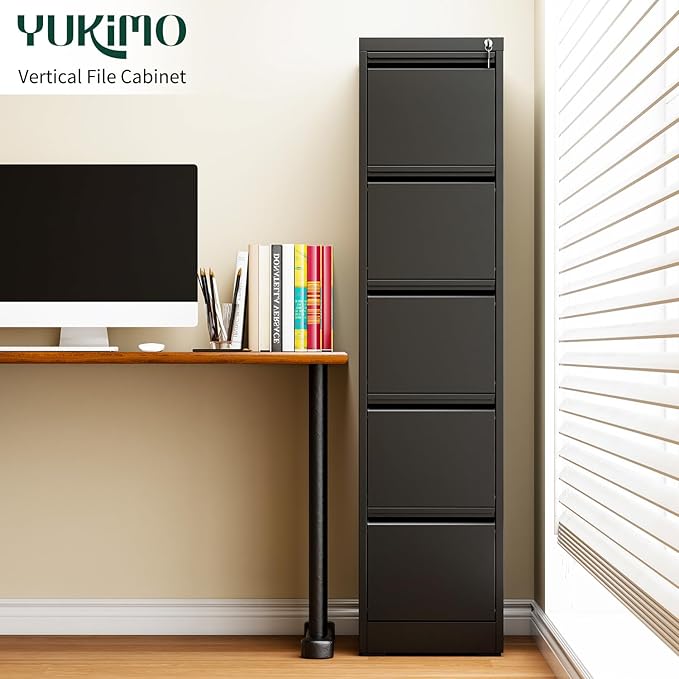 5 Drawer File Cabinet with Lock, Vertical Filing Cabinets for Home Office, Locking File Cabinet Hanging Files for A4/ Legal/Letter, Require Assembly, Black