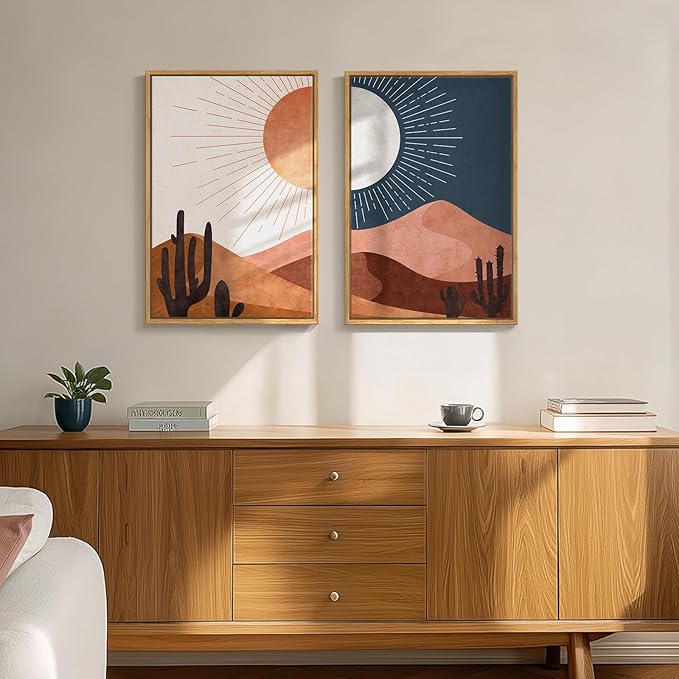 Framed Boho Desert Landscape Wall Art Set of 2 for Living Room, Abstract Mid Century Modern Sun and Moon Canvas Artwork for Walls, Bohemian Painting Print Wall Decor for Bedroom Home Office, 16x24 In