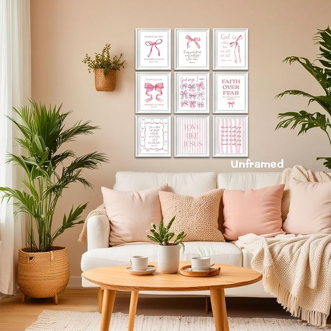 Pink Bow Jesus Bible Canvas Wall Art Set of 9, Coquette Trendy Preppy Aesthetic Girl Posters Prints Wall Decor, Christian scripture Lovers Gifts for Home Decor Living Room Bedroom 8x10In Unframed