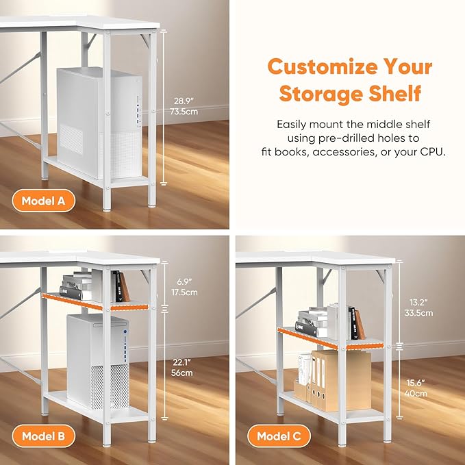 DUMOS L Shaped Desk with Shelf Drawers 55 Inch, White Corner Computer Desks Gaming with Power Outlet, Study Table with Adjustable Shelves, Home Office Tables for Bedroom Teacher Reading Writing