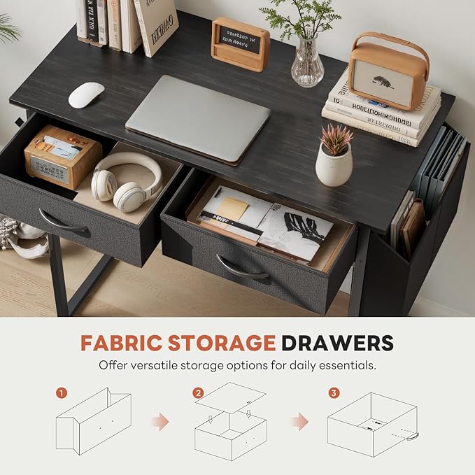 DUMOS 32" Home Office Computer Desk with Drawers, Small Gaming Writing Study Table with Storage Side Bag, Headphone Hook and Adjustable Feet for Bedroom Black
