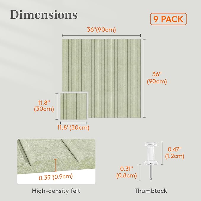 Lifewit Felt Slatted Bulletin Board with Self-Adhesive, 36"x 36"-9 Pack Cork Board Alternative, Pin Board Vision Board Message Board with 40 Pushpins for Office Decor, Room Decor, Sage