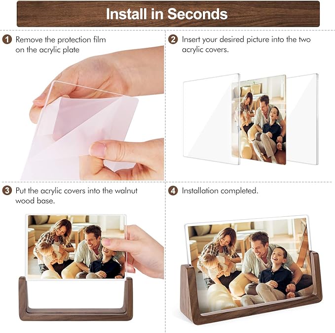 Mixoo 4x6 Picture Frame 2 Pack - Rustic Wooden Picture Frames with Walnut Wood Base and High Definition Break Free Acrylic Photo Covers for Tabletop or Desktop Display (Horizontal + Vertical)