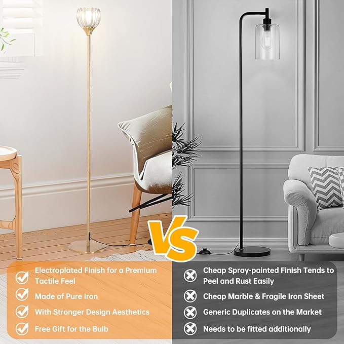Floor Lamps for Living Room, Bedroom, Gold Standing Lamp with 12W Bulb, Vintage Floor Lamp for Reading, Nursery, Corner (Clear Tulip)