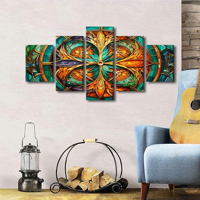 Canvas Wall Art for Men 5 Panel Abstract Art Decor Orange Blue Green Wall Art Whirling Kaleidoscope Dragons Picture Prints for Cool Girl Bedroom Decor Stretched and Framed Ready to Hang 60x32 in