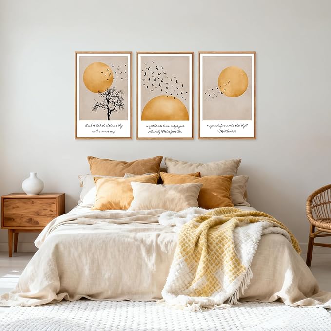 CHDITB Matthew 6:26 Look At The Birds Of The Air Framed Canvas Wall Art(24"x36"), 3 Panels Japandi Bible Verses Scripture Artwork Prints, Large Religious Christian Faith LDS Decor for Home Office Bedroom