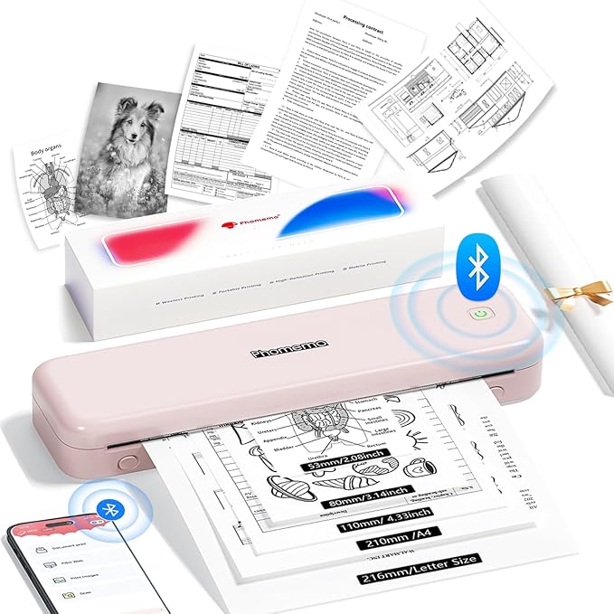 Phomemo M834 Portable Printer, Wireless Bluetooth Thermal Printer, Support 8.5" x 11" and A4 Szie Thermal Paper, Compatible with iOS, Android & PC, Mobile Printers for Travel, Office, School, Pink