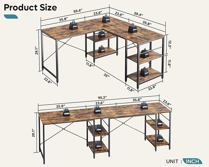 Bestier L Shaped Desk, 95.2 Inch Reversible Corner Computer Desk with Shelves, 2 Person Long Table for Home Office, Large Writing Storage Workstation with 3 Cable Holes, Rustic Brown
