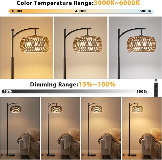 Ambimall Arc Floor Lamp for Living Room with Remote, Color Temperature & Brightness Adjustable, Bohemia Standing Lamp with Rattan & Fabric Double Drum Shades, Bulb Included(Black)