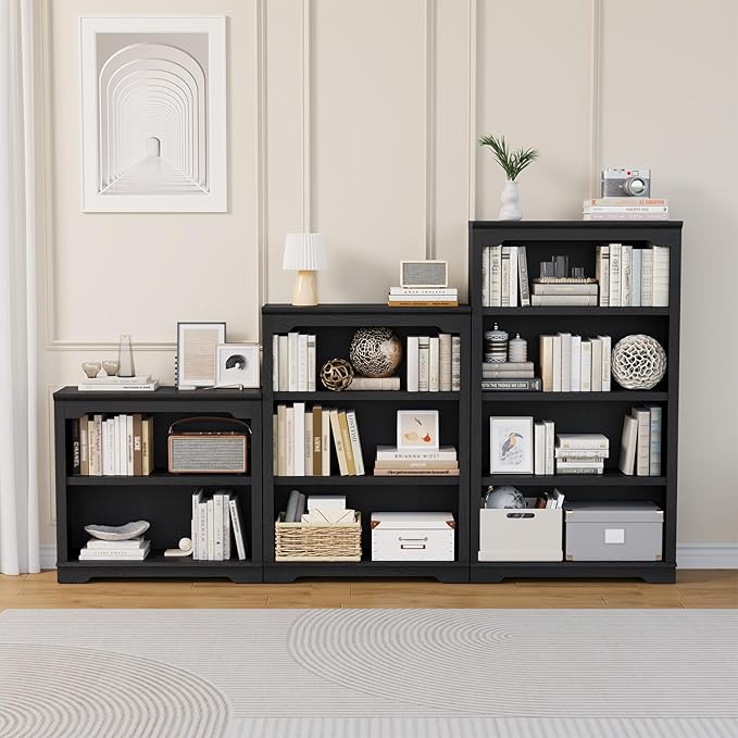 HIFYOBRO 2 Tier Bookshelf, 31.5" Wide Wooden Bookcase, 25.8" Tall Book Shelf, Freestanding Open Display Storage Bookshelves for Study Room, Home Office, Living Room (Black, 2-Shelf)