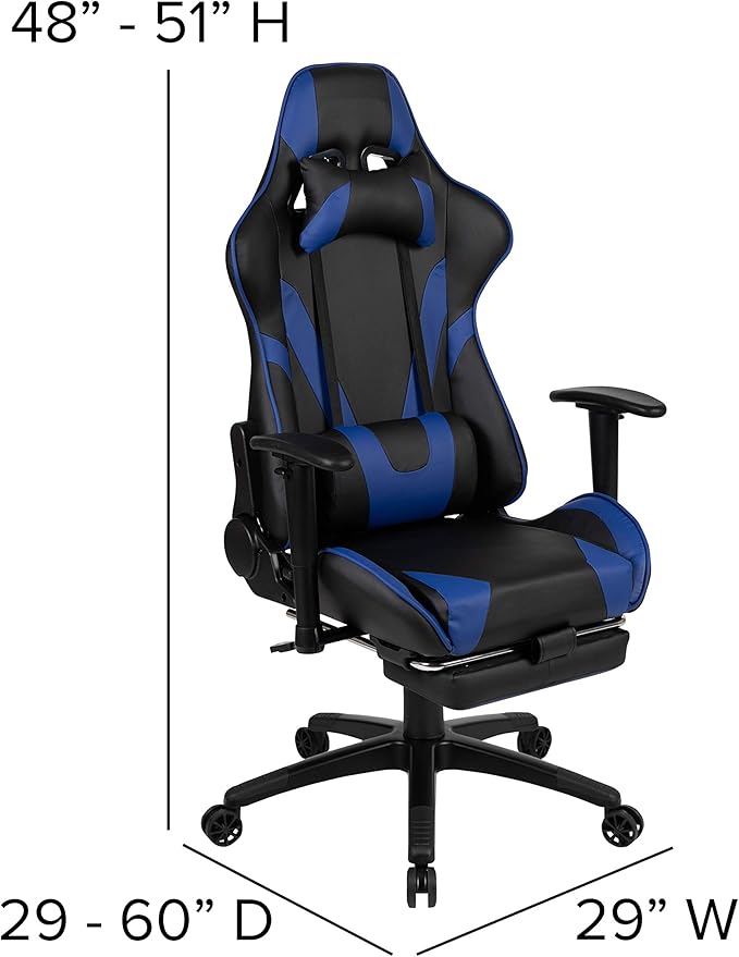 Flash Furniture X30 Gaming Chair Racing Office Ergonomic Computer Chair with Fully Reclining Back and Slide-Out Footrest in Blue LeatherSoft
