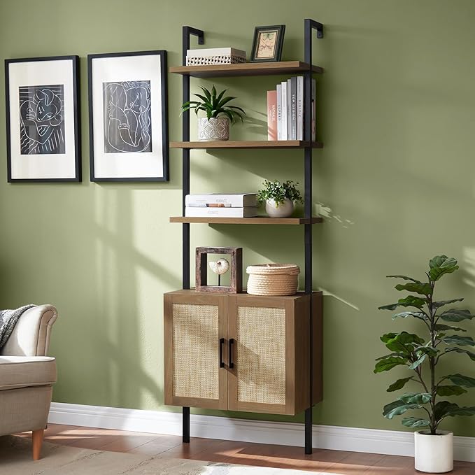 5 Tier Book Shelf, 73" Tall Bookshelf with Storage, Modern Bookcase with Shelves, Wall Mount Ladder Shelf with Steel Frame, Bookshelves with Rattan Cabinet for Living Room (Special Walnut)