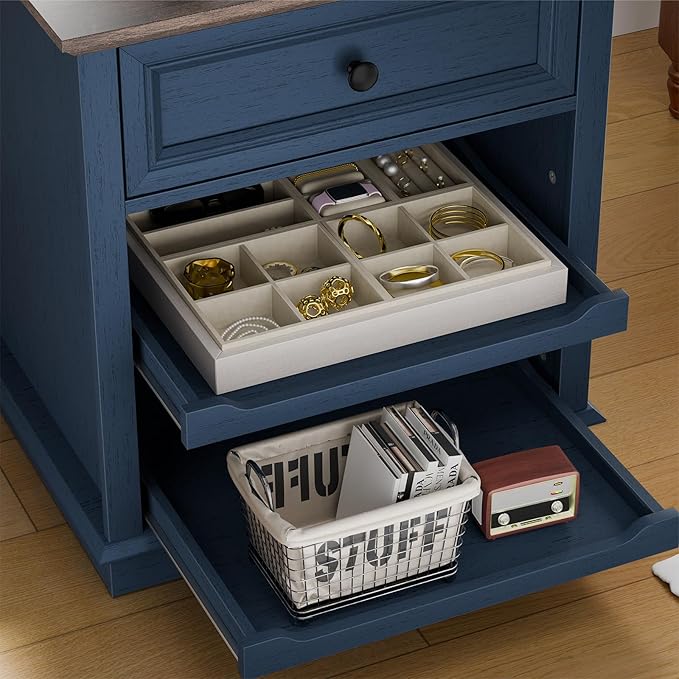Lateral File Cabinet 3 Drawer File Cabinet with Charging Station, Printer Stand with Open Adjustable Storage Shelves, Lateral Filing Cabinet for Home Office, Blue