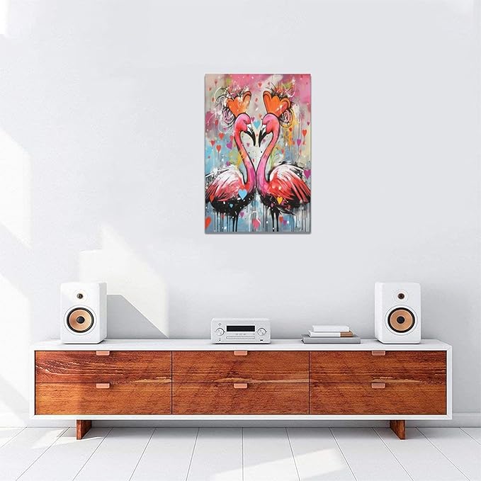 yerretin Flamingo Wall Art Banksy Graffiti Pictures Wall Decor Pink Canvas Painting Modern Home Decoration Artwork for Bathroom Bedroom Living Room Office Framed 16"x24"