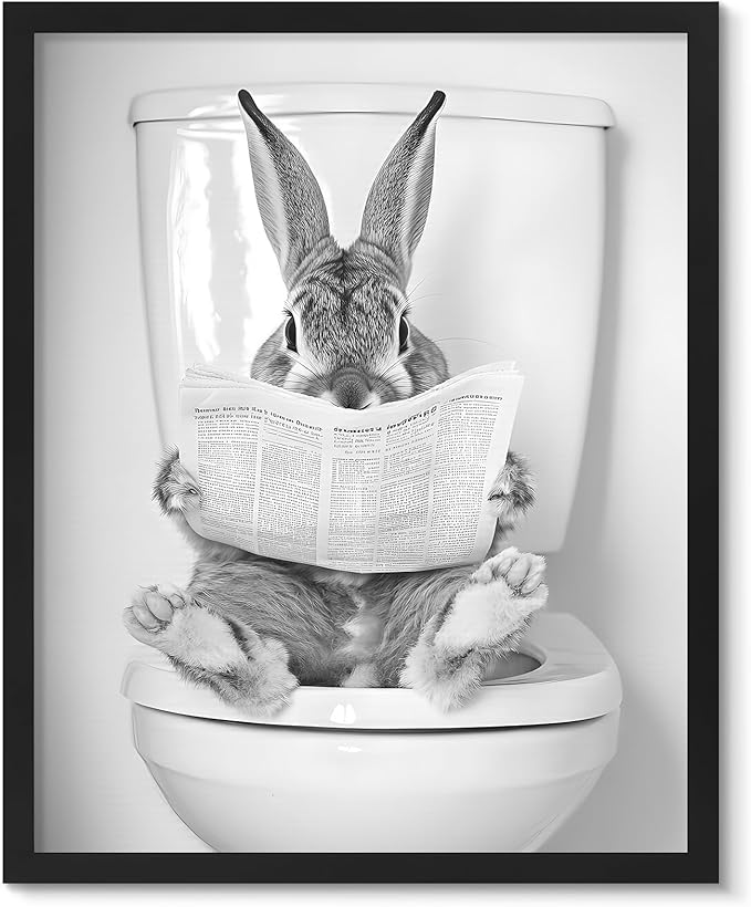 uniro Funny Bathroom Wall Art Prints Funny Rabbit on Toilet Wall Art Vintage Reading Newspaper Bunny Bathroom Print Whimsical Farmhouse Decor Cute Bunny Animal Canvas Print Painting Modern Bathroom Signs Wall Art Poster for Bathroom Decor( 8" x 10"-UNF...