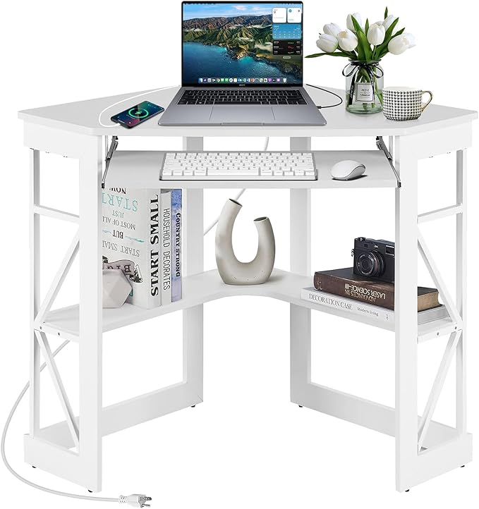 VECELO Corner Computer Desk 41x30 inches with Charging Station & Keyboard & Storage Shelves for Small Space,Triangle Table for Home Office Bedroom,White