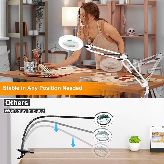10X Magnifying Glass with Light and Stand, Magnifier with Light Hands Free, 3 Color Modes 10 Level Dimmable, Magnifying Real Glass LED Desk Lamp for Close Work, Repair, Reading, Craft, White