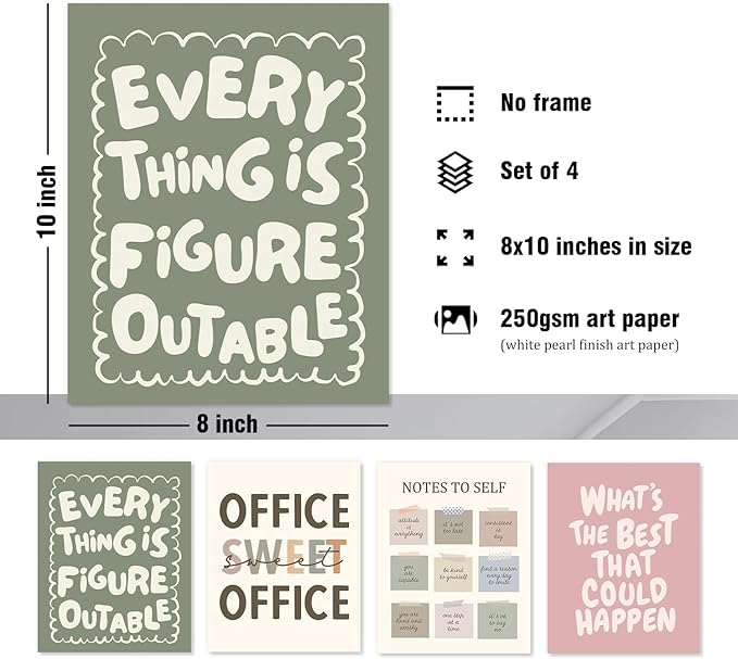DSHFG Motivational Office Wall Art Decor Prints Set of 4, Inspirational Artwork Wall Decor for Office, Affirmation Cubicle Decorations, 8x10 Unframed