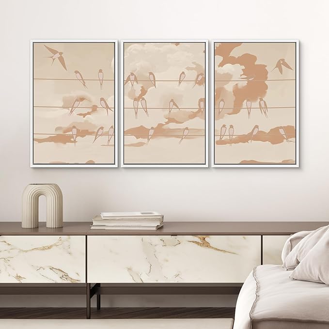 SIGNWIN Framed Canvas Print Wall Art Set Minimal Birds on Wires Neutral Sky Illustrations Modern Art Decorative Nordic Abstract for Living Room, Bedroom, Office - 16"x24"x3 White