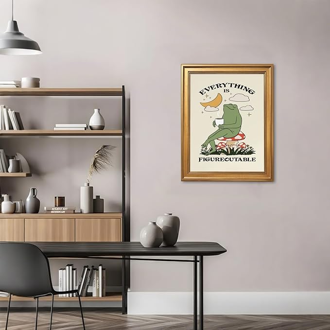 Everything Is Figureoutable Motivational Wall Art Funny Frog Coffee Inspirational Poster Positive Quote Daily Reminder Canvas Print Affirmation Wall Decor for Home Office 24x36inch Vintage Framed