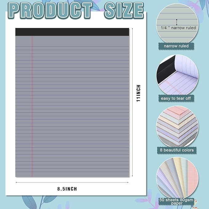 Fuutreo 8 Pcs 8.5'' x 11'' Colored Legal Pad 50 Sheets Per Writing Pads Narrow Ruled Notepad Perforated Writing Notepad Office Supplies for College Office Business (Aesthetic Color)