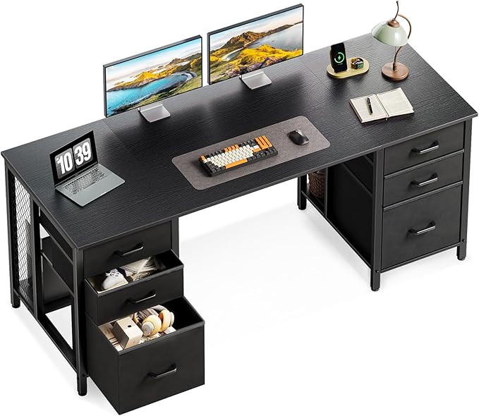 ODK 63 Inch Office Desk with 6 Fabric Drawers, Large Computer Desk for Home Office with Hidden Storage Shelves, Black