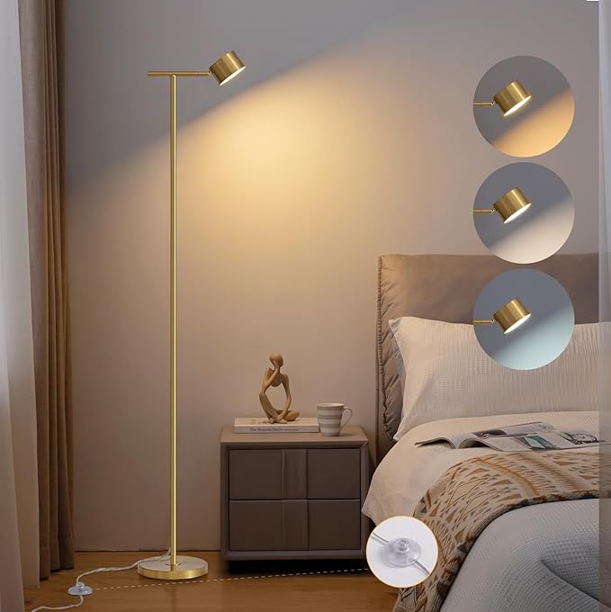 Floor Lamp for Bedroom, 3 Color Temperatures Minimalist Floor Lamp with Flexible Lamp Cap, Modern Gold Floor Lamps for Living Room Bright, Simple Standing Lamp for Office Reading Working