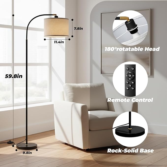Arc Floor Lamps for Living Room, Modern Standing Lamp with Remote Dimmable Floor Lamp with Linen Shade, Tall Lamp for Bedroom Office Dining Room (Black)