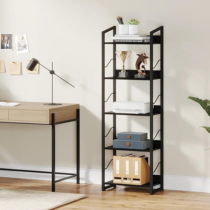 Hosfais 5 Tier Tall Bookshelf: Industrial Wood Book Shelf with Edge Protection Metal Narrow Bookshelf Bookcase Storage Organizer Display Rack for Living Room Home Office (Black)