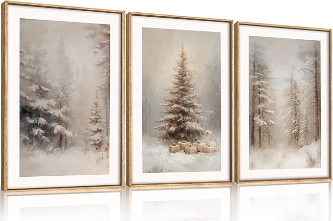 Retro Pine Tree Woodland Landscape Framed Canvas Wall Art Set,Modern Rustic Forest Scenery Wall Decor,Textured Natural Misty Botanical Artwork for Living Room, Bedroom,Farmhouse- 16"x24"x3