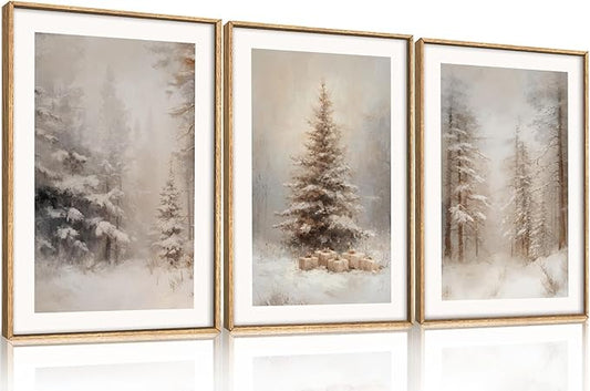 Retro Pine Tree Woodland Landscape Framed Canvas Wall Art Set,Modern Rustic Forest Scenery Wall Decor,Textured Natural Misty Botanical Artwork for Living Room, Bedroom,Farmhouse- 16"x24"x3