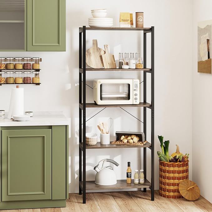 Giantex Industrial 5-Tier Wood Bookshelf - 63.5’’ Tall Open Storage Organizer Shelves with Anti-Tipping Device and Foot Pads, Steel Frame Bookcase Display Rack for Living Room, Bedroom, Office, Grey
