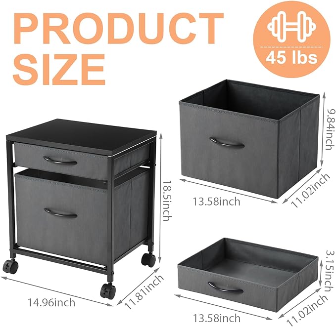 Rolling Mobile File Cabinet Cart with 2 Fabric Drawers A4 Letter Size Beside, Vertical Filing Cabinet on Lockable Wheels, Mobile Printer Stand Storage Under Desk for Home Office(Gray)