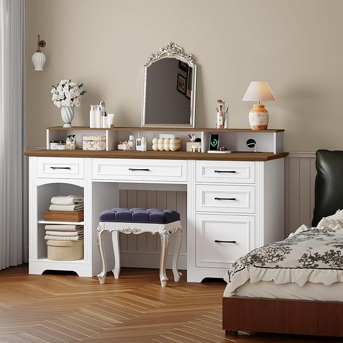 58" Executive Desk, Farmhouse Computer Desk with Drawers, Wooden Office Desk with File Cabinet, Charging Station, Monitor Stand, for Work and Study, White and Walnut CDBZ10E01