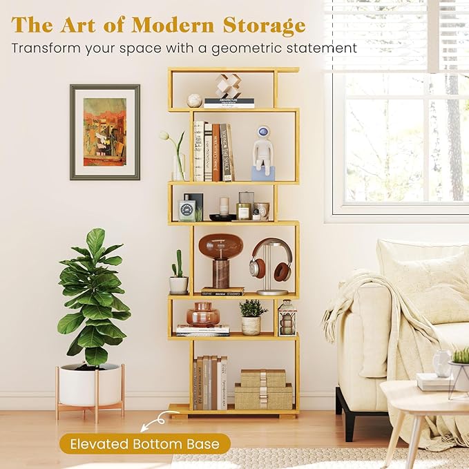Giantex 6-Tier Geometric Bookshelf, S-Shaped Bookcase with 2 Anti-Tipping Kits, Wooden Display Shelf, Decorative Storage Shelving Unit, Home Storage Organizer for Office Living Room, Burlywood
